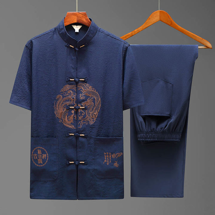 Buddha Stones Dragon Fu Character Tang Suit Camicia a maniche corte tradizionale Pantaloni a gamba larga Abbigliamento da uomo Set