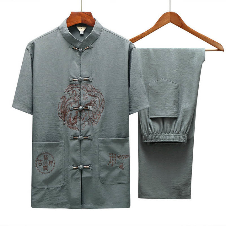 Buddha Stones Dragon Fu Character Tang Suit Camicia a maniche corte tradizionale Pantaloni a gamba larga Abbigliamento da uomo Set