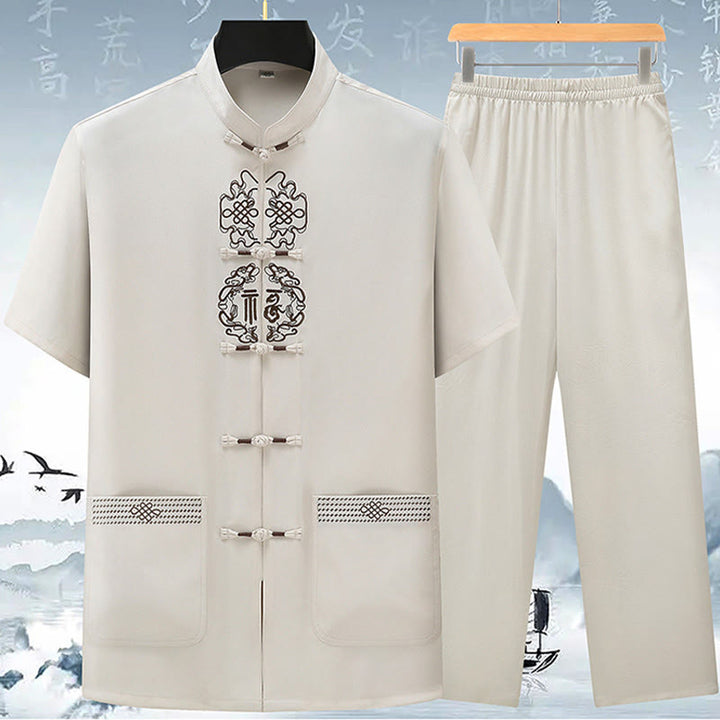 Buddha Stones Fu Carattere Cinese Nodo Ricamo Tang Suit Tradizionale Manica Corta Top Pantaloni Abbigliamento Uomo Set