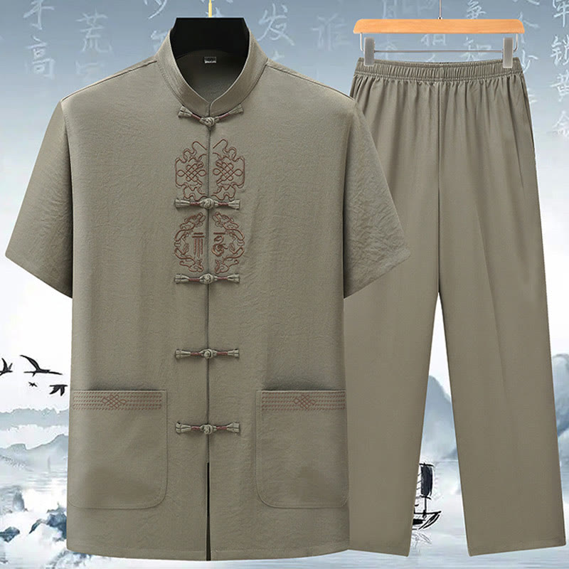 Buddha Stones Fu Carattere Cinese Nodo Ricamo Tang Suit Tradizionale Manica Corta Top Pantaloni Abbigliamento Uomo Set