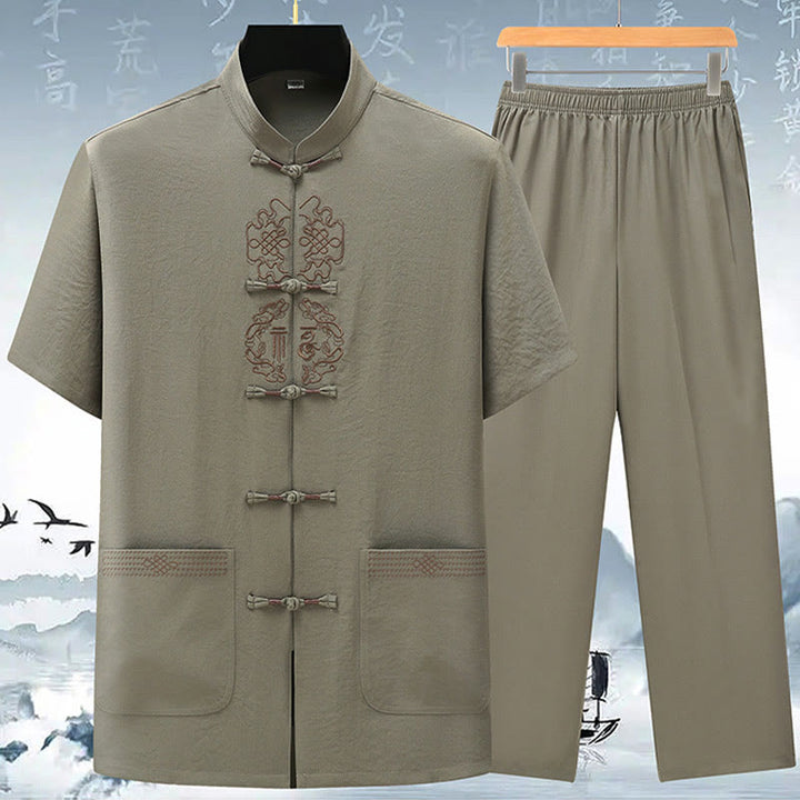 Buddha Stones Fu Carattere Cinese Nodo Ricamo Tang Suit Tradizionale Manica Corta Top Pantaloni Abbigliamento Uomo Set