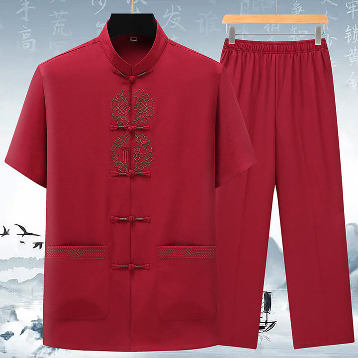 Buddha Stones Fu Carattere Cinese Nodo Ricamo Tang Suit Tradizionale Manica Corta Top Pantaloni Abbigliamento Uomo Set - Rosso (top e pantaloni) - US/UK/AU42, EU52 (3XL) - image 1