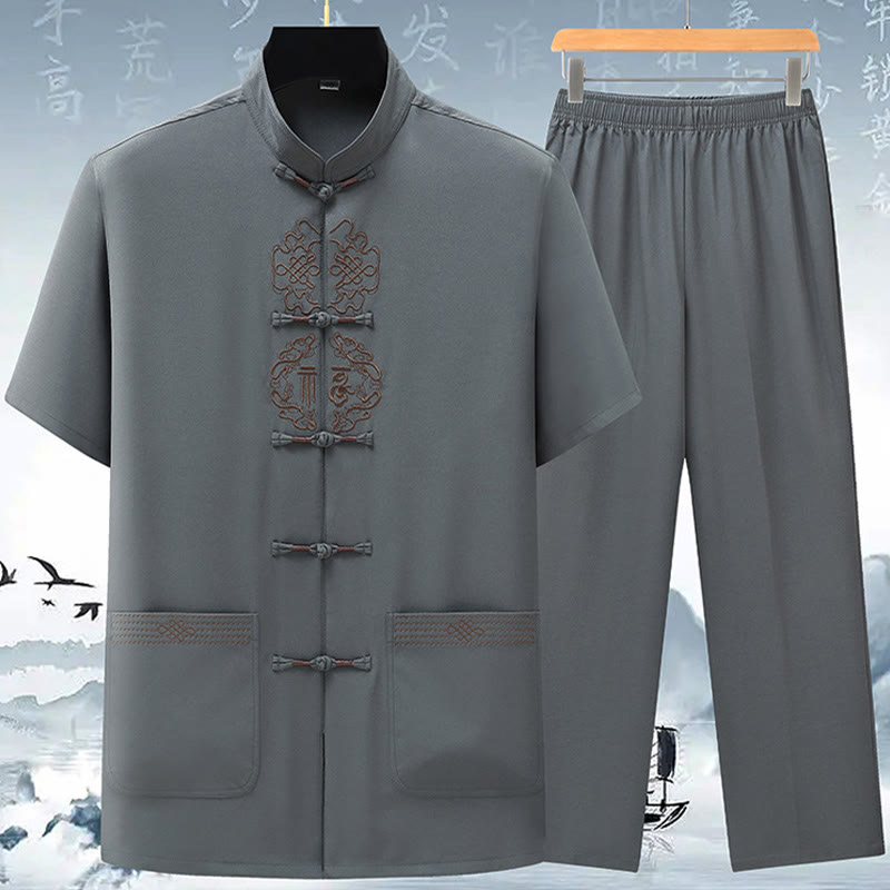 Buddha Stones Fu Carattere Cinese Nodo Ricamo Tang Suit Tradizionale Manica Corta Top Pantaloni Abbigliamento Uomo Set - Grigio (top e pantaloni) - US/UK/AU42, EU52 (3XL) - image 5