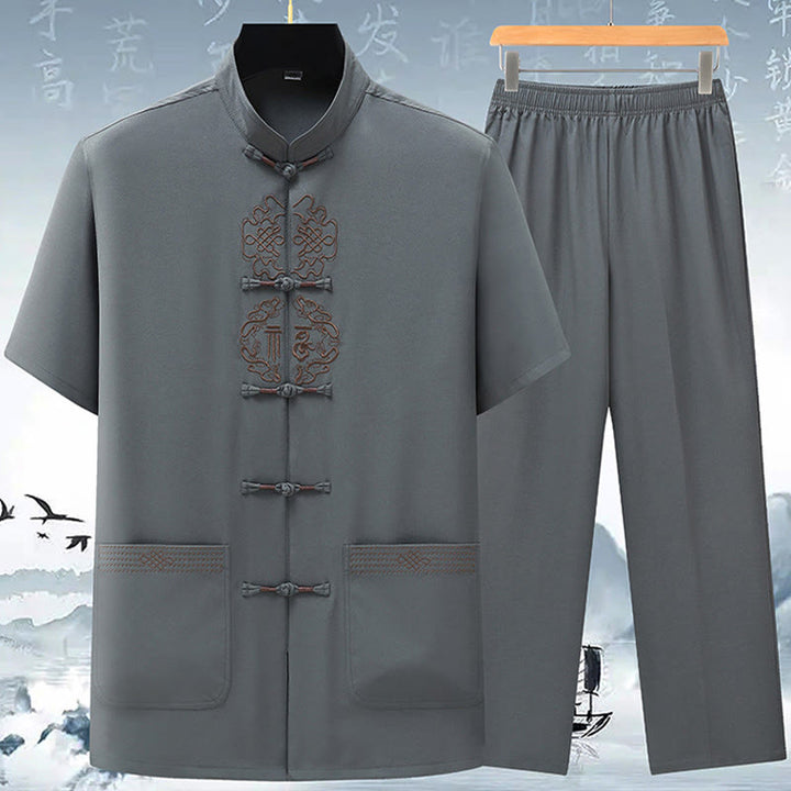 Buddha Stones Fu Carattere Cinese Nodo Ricamo Tang Suit Tradizionale Manica Corta Top Pantaloni Abbigliamento Uomo Set - Grigio (top e pantaloni) - US/UK/AU42, EU52 (3XL) - image 5