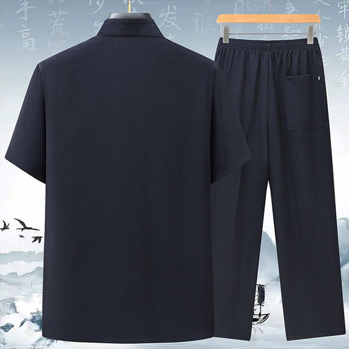 Buddha Stones Fu Carattere Cinese Nodo Ricamo Tang Suit Tradizionale Manica Corta Top Pantaloni Abbigliamento Uomo Set