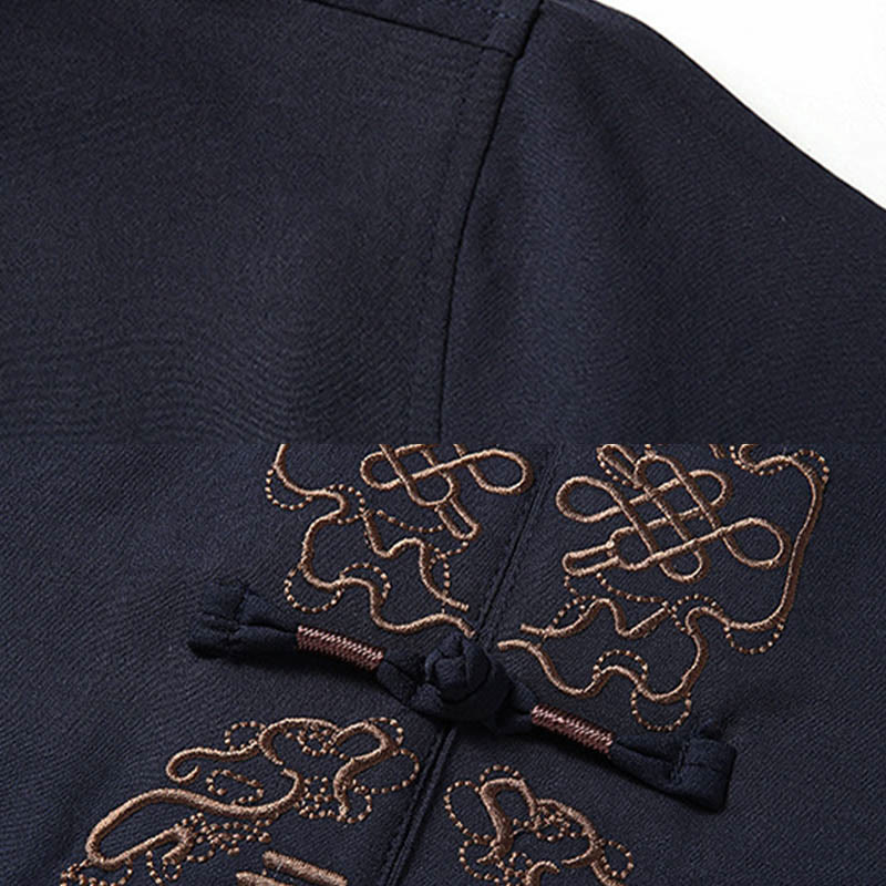 Buddha Stones Fu Carattere Cinese Nodo Ricamo Tang Suit Tradizionale Manica Corta Top Pantaloni Abbigliamento Uomo Set