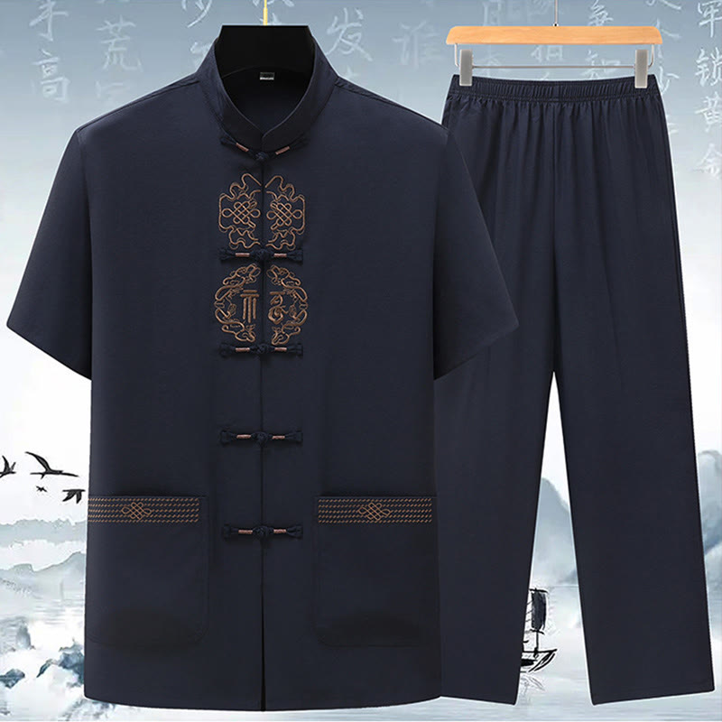 Buddha Stones Fu Carattere Cinese Nodo Ricamo Tang Suit Tradizionale Manica Corta Top Pantaloni Abbigliamento Uomo Set