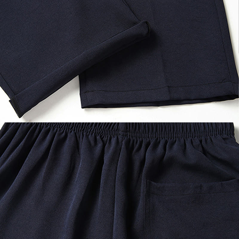 Buddha Stones Fu Carattere Cinese Nodo Ricamo Tang Suit Tradizionale Manica Corta Top Pantaloni Abbigliamento Uomo Set - image 14