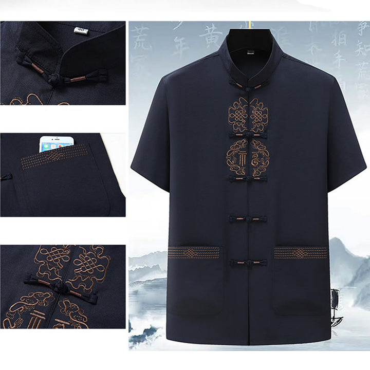 Buddha Stones Fu Carattere Cinese Nodo Ricamo Tang Suit Tradizionale Manica Corta Top Pantaloni Abbigliamento Uomo Set