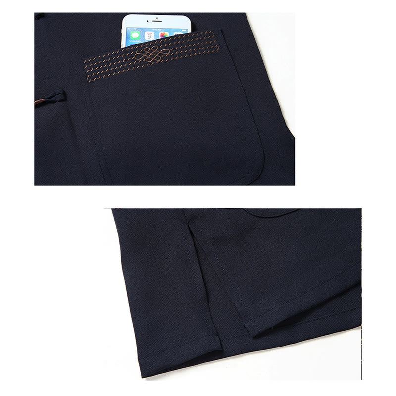 Buddha Stones Fu Carattere Cinese Nodo Ricamo Tang Suit Tradizionale Manica Corta Top Pantaloni Abbigliamento Uomo Set - image 15