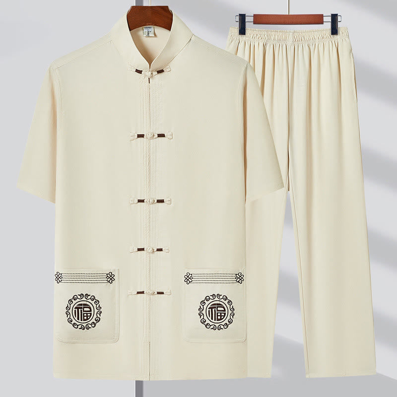 Buddha Stones Fu Character Ricamo Tang Suit Tradizionale Rana-Bottone Manica Corta Top Pantaloni Abbigliamento Uomo Set - Beige (maglietta e pantaloni) - US/UK/AU44, EU54 (4XL) - image 2
