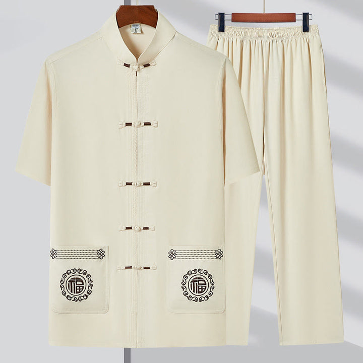 Buddha Stones Fu Character Ricamo Tang Suit Tradizionale Rana-Bottone Manica Corta Top Pantaloni Abbigliamento Uomo Set - Beige (maglietta e pantaloni) - US/UK/AU44, EU54 (4XL) - image 2