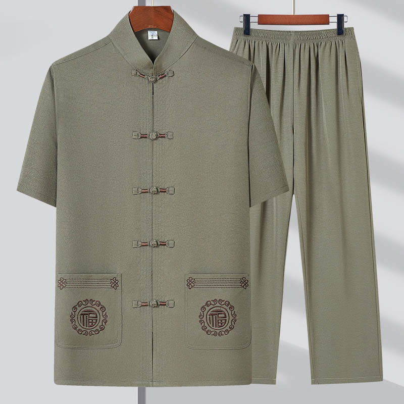 Buddha Stones Fu Character Ricamo Tang Suit Tradizionale Rana-Bottone Manica Corta Top Pantaloni Abbigliamento Uomo Set - Verde chiaro (maglia e pantaloni) - US/UK/AU44, EU54 (4XL) - image 0