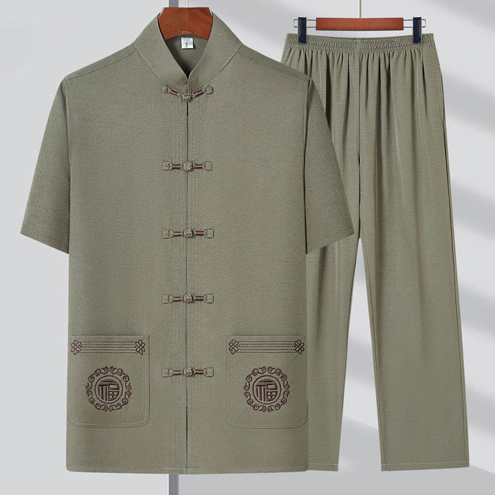 Buddha Stones Fu Character Ricamo Tang Suit Tradizionale Rana-Bottone Manica Corta Top Pantaloni Abbigliamento Uomo Set - Verde chiaro (maglia e pantaloni) - US/UK/AU44, EU54 (4XL) - image 0