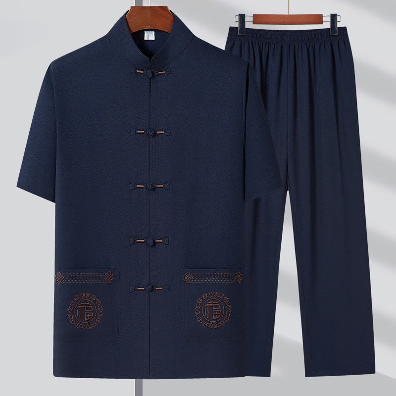 Buddha Stones Fu Character Ricamo Tang Suit Tradizionale Rana-Bottone Manica Corta Top Pantaloni Abbigliamento Uomo Set - Blu scuro (maglia e pantaloni) - US/UK/AU44, EU54 (4XL) - image 1