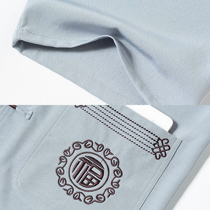 Buddha Stones Fu Character Ricamo Tang Suit Tradizionale Rana-Bottone Manica Corta Top Pantaloni Abbigliamento Uomo Set - image 8