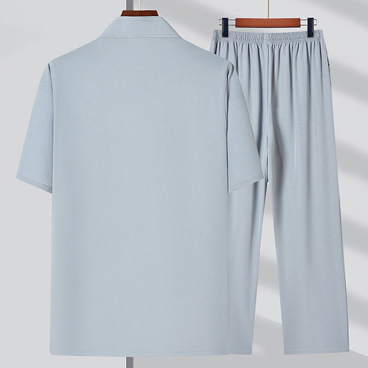 Buddha Stones Fu Character Ricamo Tang Suit Tradizionale Rana-Bottone Manica Corta Top Pantaloni Abbigliamento Uomo Set