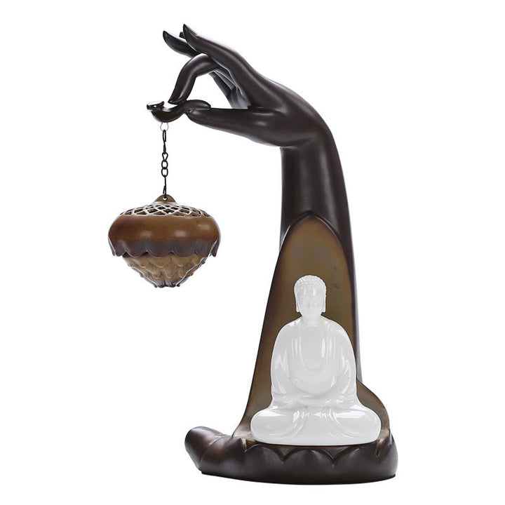 Buddha Stones a LED Buddha Hand Backflow Fumo Fontana Guarigione Bastoncino di Ceramica Bruciatore di Incenso Decorazione