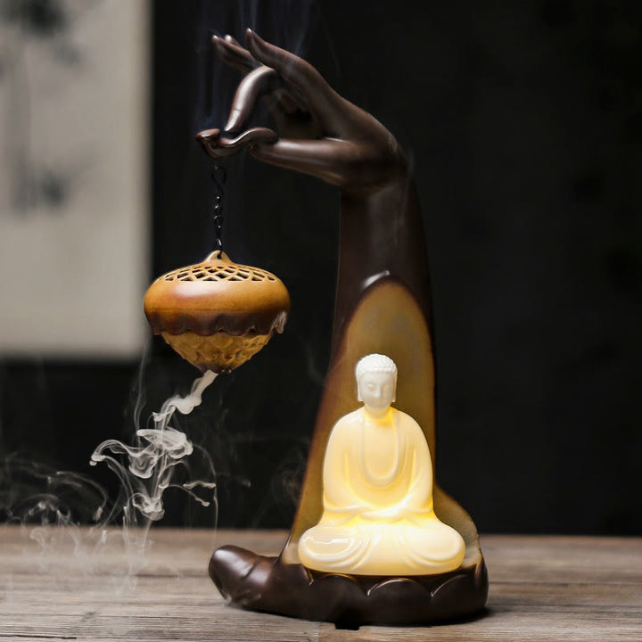Buddha Stones a LED Buddha Hand Backflow Fumo Fontana Guarigione Bastoncino di Ceramica Bruciatore di Incenso Decorazione