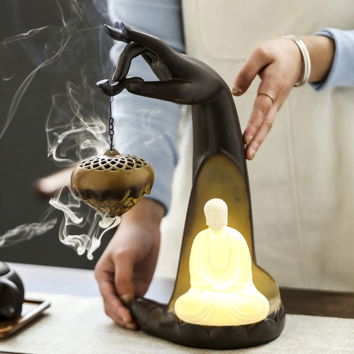 Buddha Stones a LED Buddha Hand Backflow Fumo Fontana Guarigione Bastoncino di Ceramica Bruciatore di Incenso Decorazione