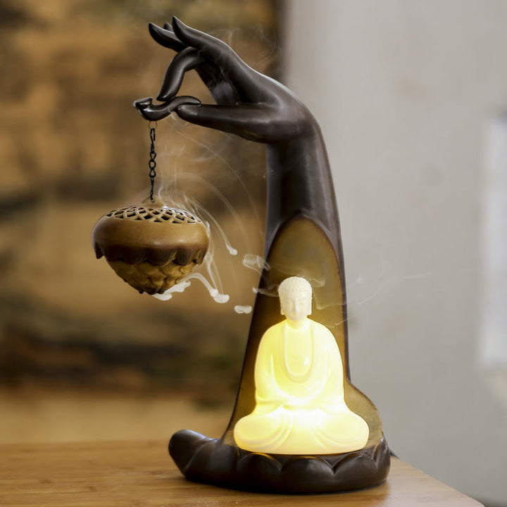 Buddha Stones a LED Buddha Hand Backflow Fumo Fontana Guarigione Bastoncino di Ceramica Bruciatore di Incenso Decorazione