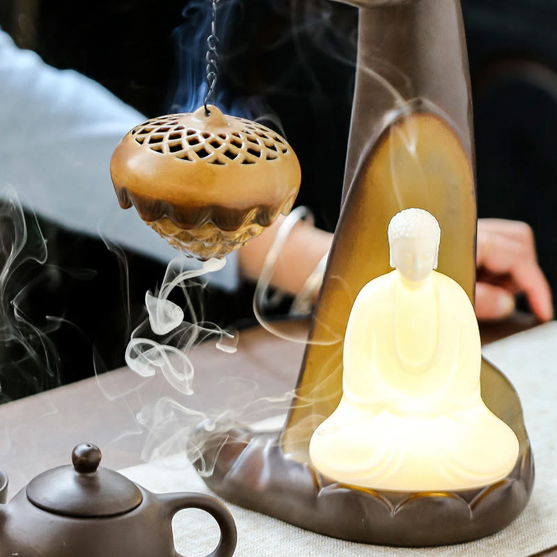 Buddha Stones a LED Buddha Hand Backflow Fumo Fontana Guarigione Bastoncino di Ceramica Bruciatore di Incenso Decorazione