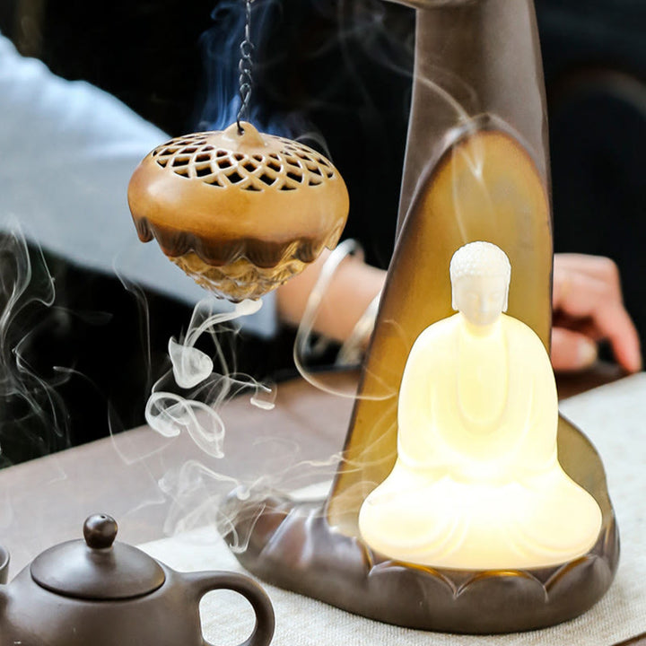 Buddha Stones a LED Buddha Hand Backflow Fumo Fontana Guarigione Bastoncino di Ceramica Bruciatore di Incenso Decorazione