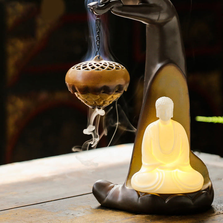Buddha Stones a LED Buddha Hand Backflow Fumo Fontana Guarigione Bastoncino di Ceramica Bruciatore di Incenso Decorazione