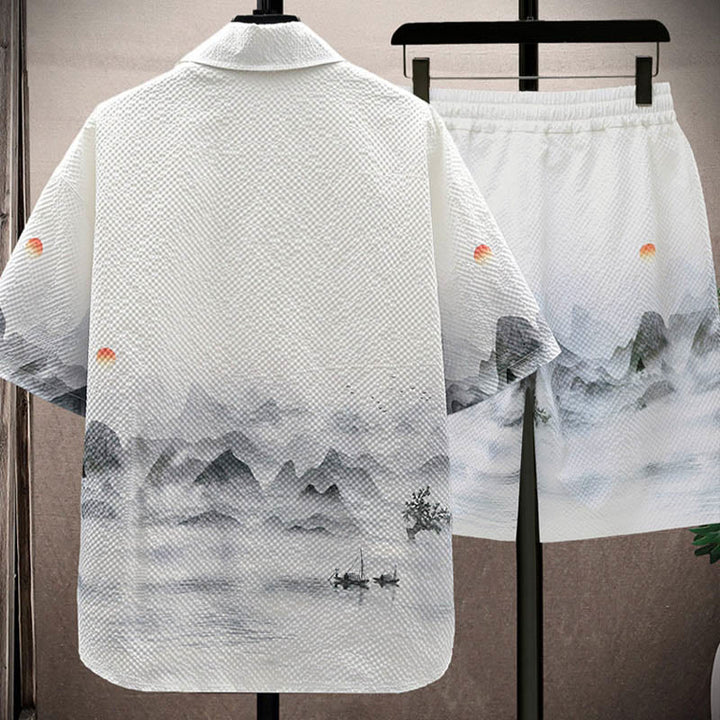 Set da uomo con pantaloncini a maniche corte con motivo a gazze e paesaggio Buddha Stones alberi di cocco