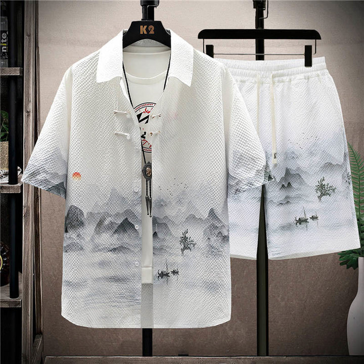 Set da uomo con pantaloncini a maniche corte con motivo a gazze e paesaggio Buddha Stones alberi di cocco