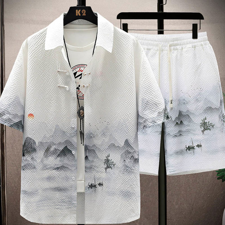 Set da uomo con pantaloncini a maniche corte con motivo a gazze e paesaggio Buddha Stones alberi di cocco
