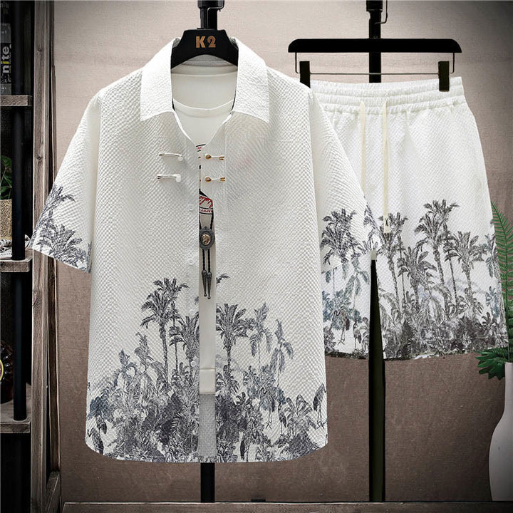 Set da uomo con pantaloncini a maniche corte con motivo a gazze e paesaggio Buddha Stones alberi di cocco