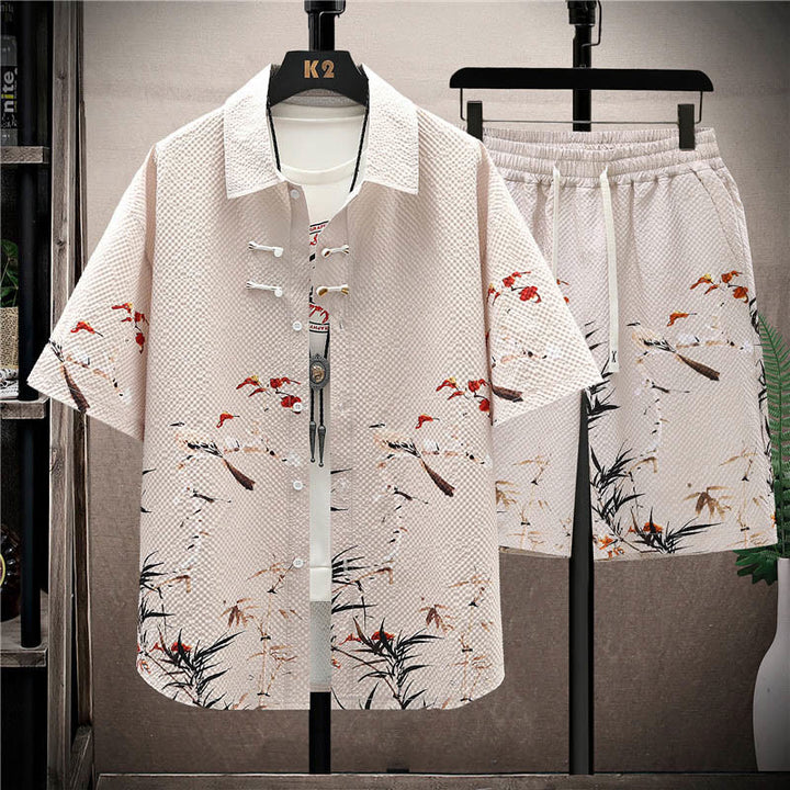 Set da uomo con pantaloncini a maniche corte con motivo a gazze e paesaggio Buddha Stones alberi di cocco