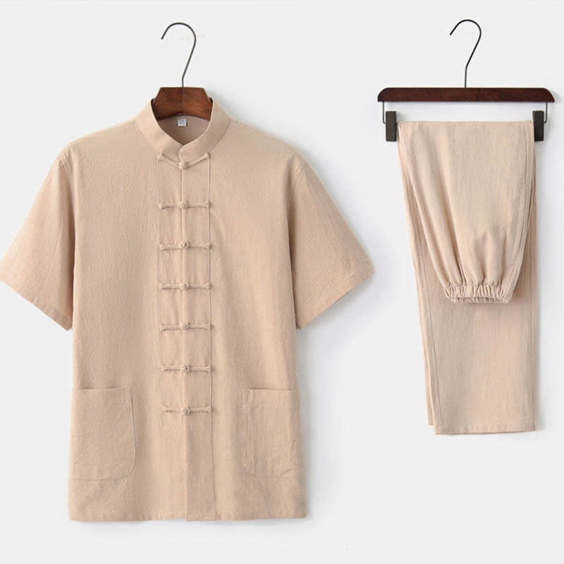 Buddha Stones Tinta Unita Rana-Bottone Tang Suit Tradizionale Cotone Lino Manica Corta Top Pantaloni Abbigliamento Uomo Set - Beige (Top e pantaloni) - US/UK/AU44, EU54 (4XL)  - image 8