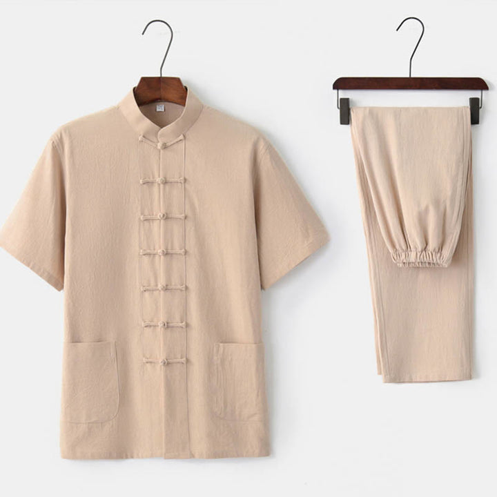 Buddha Stones Tinta Unita Rana-Bottone Tang Suit Tradizionale Cotone Lino Manica Corta Top Pantaloni Abbigliamento Uomo Set - Beige (Top e pantaloni) - US/UK/AU44, EU54 (4XL)  - image 8