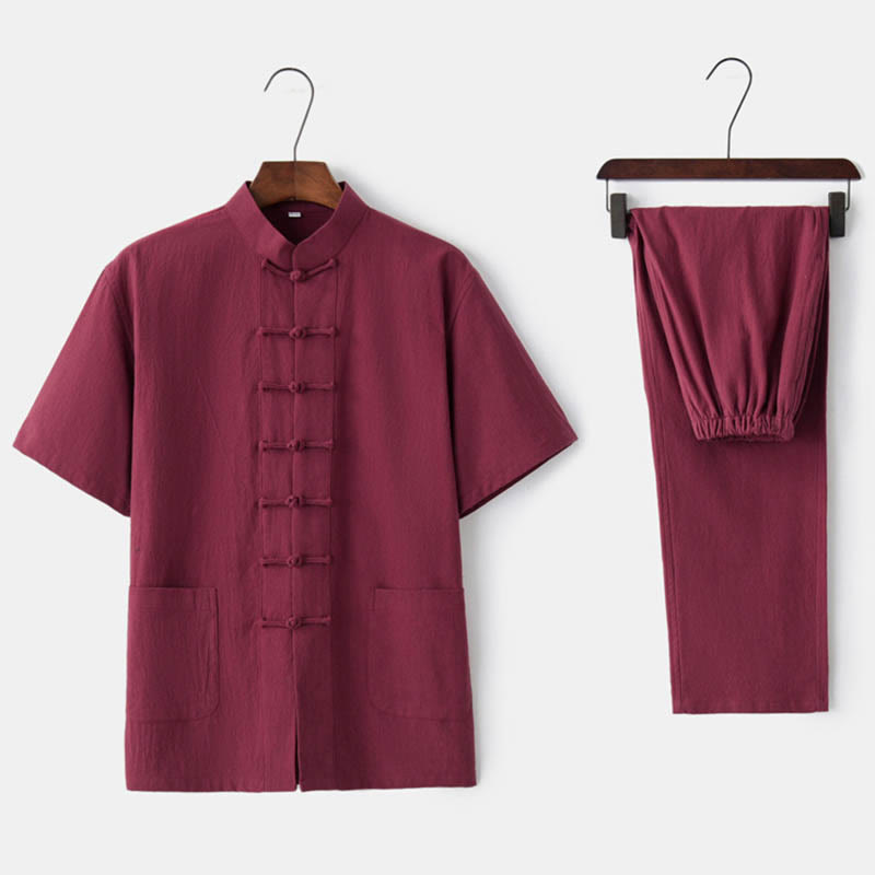 Buddha Stones Tinta Unita Rana-Bottone Tang Suit Tradizionale Cotone Lino Manica Corta Top Pantaloni Abbigliamento Uomo Set