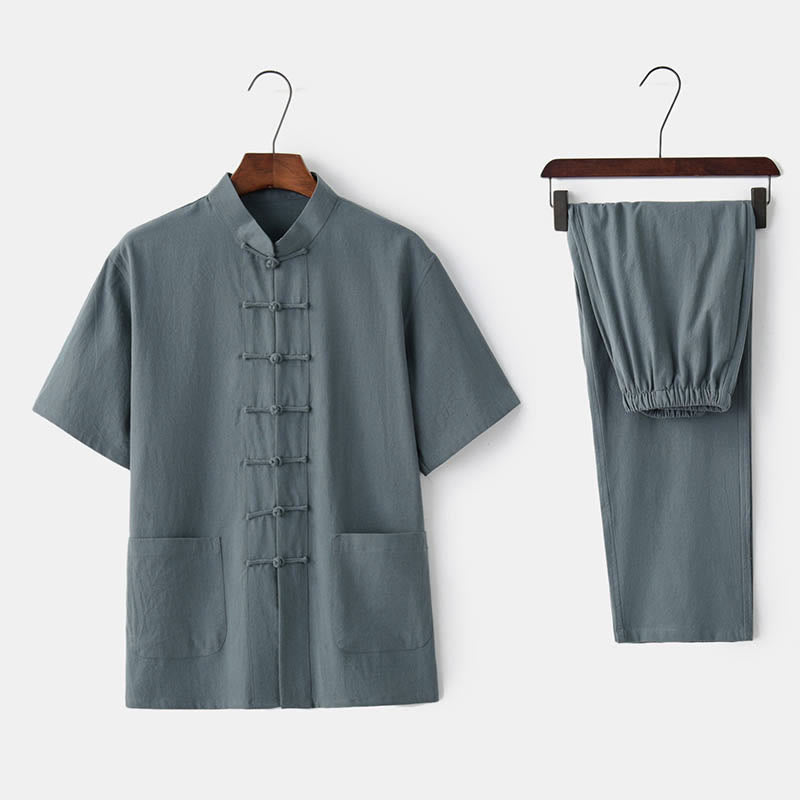 Completo da uomo in cotone e lino con bottoni a rana e motivo Buddha Stones, tinta unita, top a maniche corte e pantaloni. - Grigio Verde (Maglia e pantaloni) - US/UK/AU44, EU54 (4XL)  - image 0