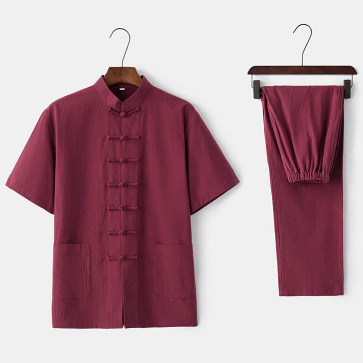 Buddha Stones Tinta Unita Rana-Bottone Tang Suit Tradizionale Cotone Lino Manica Corta Top Pantaloni Abbigliamento Uomo Set - Rosso (top e pantaloni) - US/UK/AU44, EU54 (4XL)  - image 9