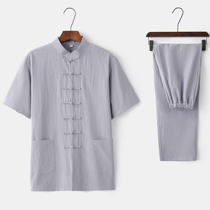 Buddha Stones Tinta Unita Rana-Bottone Tang Suit Tradizionale Cotone Lino Manica Corta Top Pantaloni Abbigliamento Uomo Set