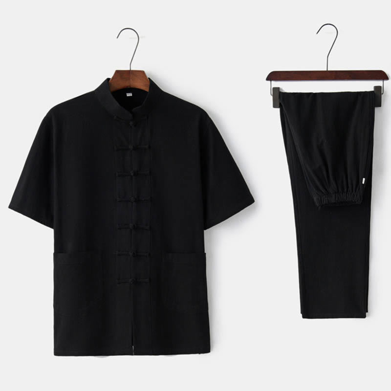 Buddha Stones Tinta Unita Rana-Bottone Tang Suit Tradizionale Cotone Lino Manica Corta Top Pantaloni Abbigliamento Uomo Set