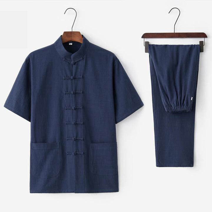 Buddha Stones Tinta Unita Rana-Bottone Tang Suit Tradizionale Cotone Lino Manica Corta Top Pantaloni Abbigliamento Uomo Set