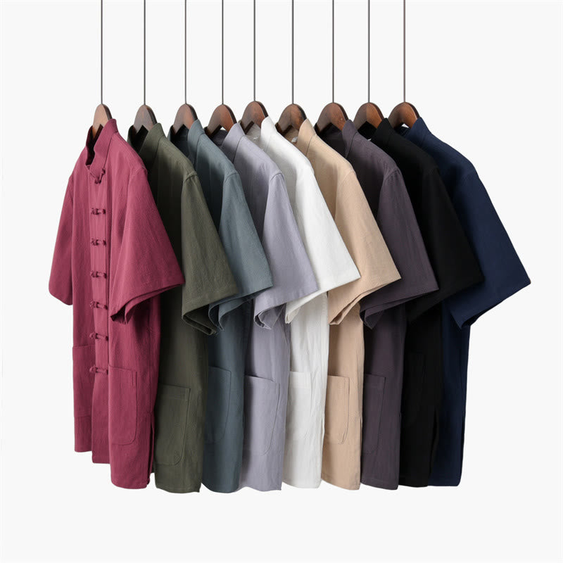 Buddha Stones Tinta Unita Rana-Bottone Tang Suit Tradizionale Cotone Lino Manica Corta Top Pantaloni Abbigliamento Uomo Set
