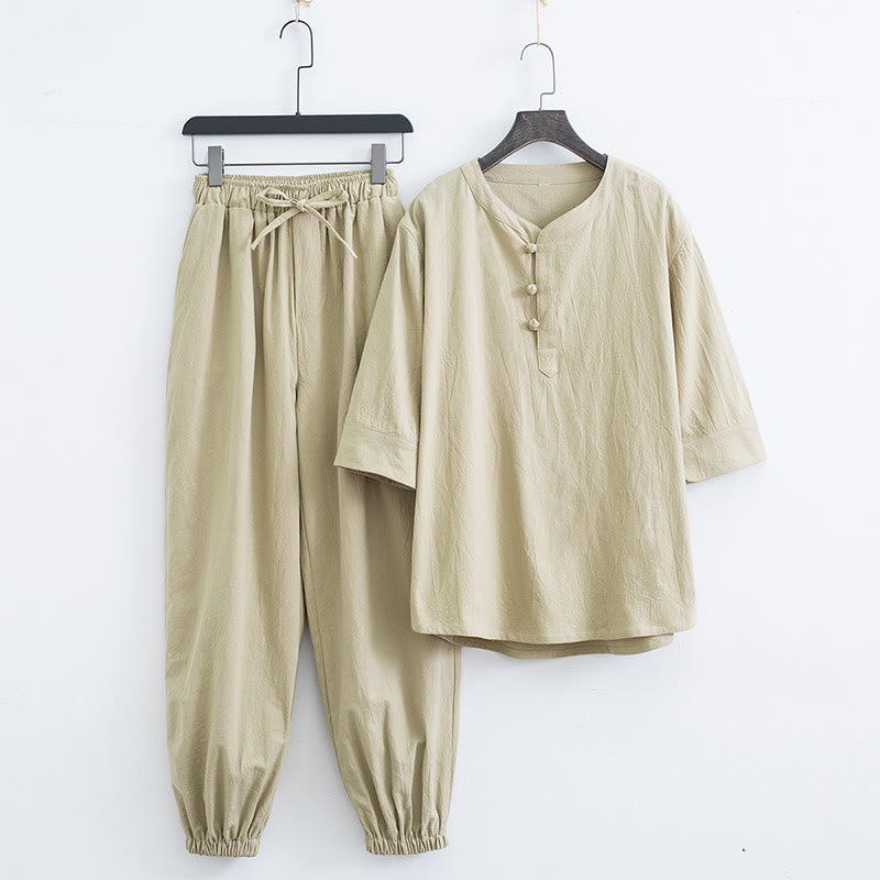 Completo da uomo con maglietta a maniche corte e pantaloni in tinta unita con motivo Buddha Stones. - Beige (maglietta e pantaloni) - US/UK/AU44, EU54 (4XL) - image 13