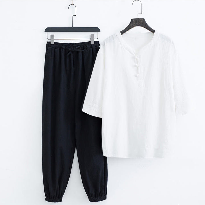 Completo da uomo con maglietta a maniche corte e pantaloni in tinta unita con motivo Buddha Stones. - Camicia bianca e pantaloni neri (maglia e pantaloni) - US/UK/AU44, EU54 (4XL) - image 11