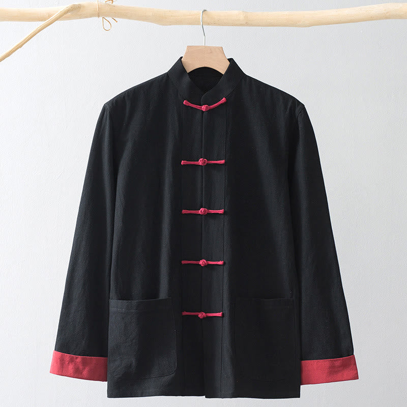 Buddha Stones Frog-Bottone Cinese Tang Suit Camicia Cotone Lino Uomo Giacca Abbigliamento - Camicia nera e bottone con rana rossa - US/UK/AU44, EU54 (4XL) - image 1
