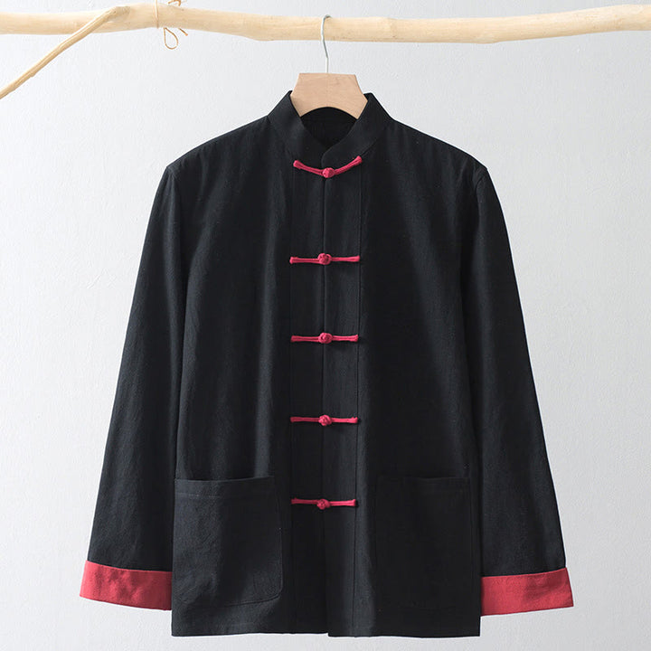 Buddha Stones Frog-Bottone Cinese Tang Suit Camicia Cotone Lino Uomo Giacca Abbigliamento - Camicia nera e bottone con rana rossa - US/UK/AU44, EU54 (4XL) - image 1
