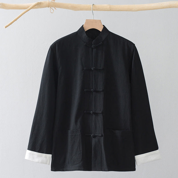 Buddha Stones Frog-Bottone Cinese Tang Suit Camicia Cotone Lino Uomo Giacca Abbigliamento - Camicia nera e bottone a forma di rana bianca - US/UK/AU44, EU54 (4XL) - image 3