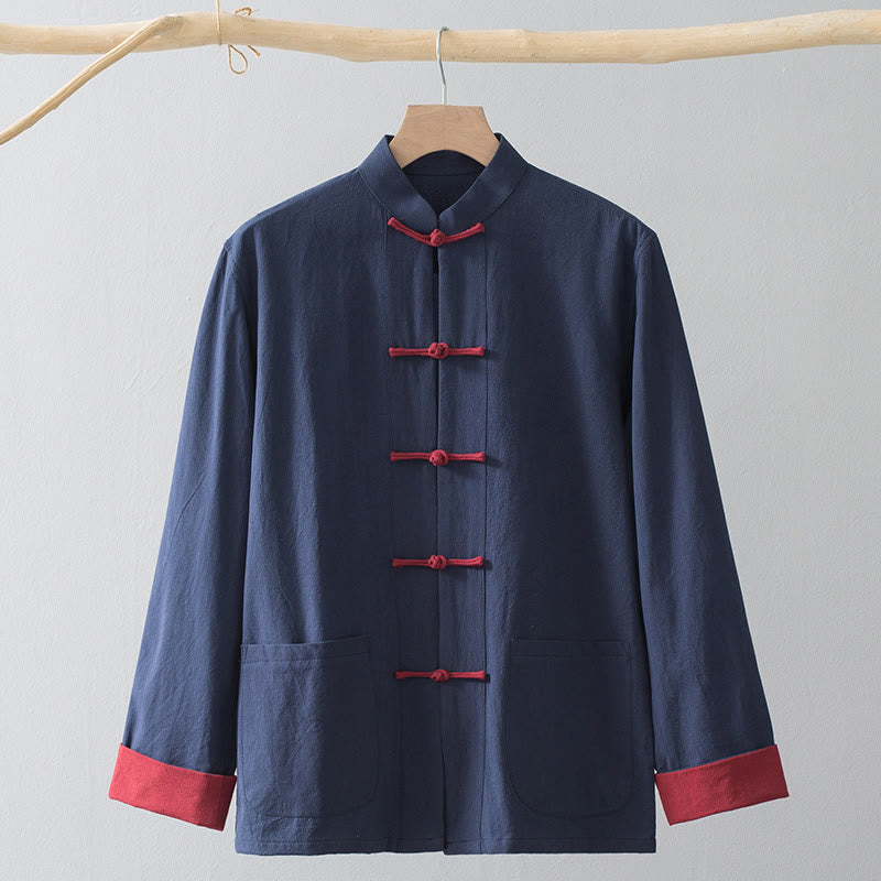 Buddha Stones Frog-Bottone Cinese Tang Suit Camicia Cotone Lino Uomo Giacca Abbigliamento - Camicia blu e bottone con rana rossa - US/UK/AU44, EU54 (4XL) - image 13