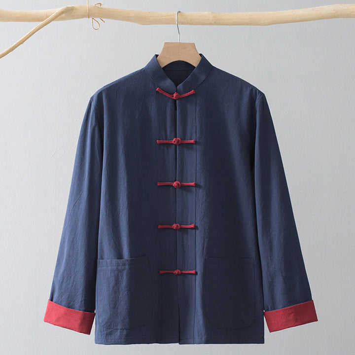 Buddha Stones Frog-Bottone Cinese Tang Suit Camicia Cotone Lino Uomo Giacca Abbigliamento - Camicia blu e bottone con rana rossa - US/UK/AU44, EU54 (4XL) - image 13