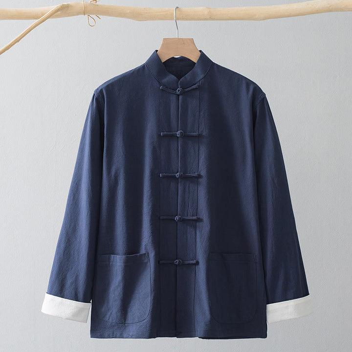 Buddha Stones Frog-Bottone Cinese Tang Suit Camicia Cotone Lino Uomo Giacca Abbigliamento - Camicia blu e bottone con rana bianca - US/UK/AU44, EU54 (4XL) - image 5